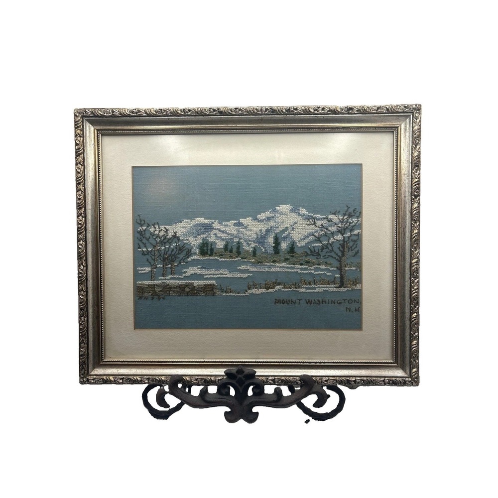 Vtg Handmade Mount Washington NH Needlepoint Winter Landscape Framed Art 1984